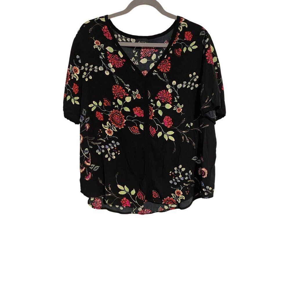 Simply Emma Blouse Women 1X Black Floral Print Cottage Fairy Lightweight Top